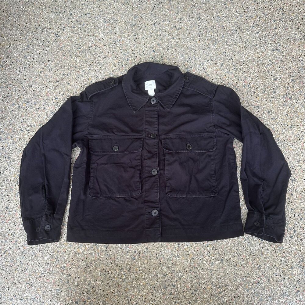 H&M Cropped Jacket Mens Small Black Overshirt Chore Utility Top 100% Cotton